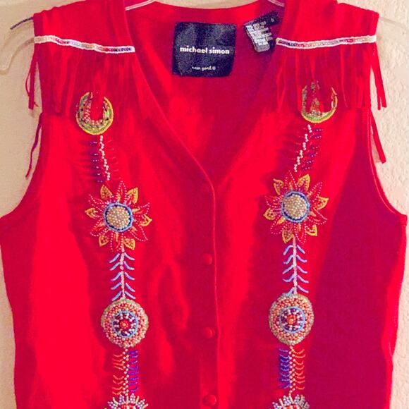 MICHAEL SIMON SPUN SILK Cotton RED Knitted Beaded FRINGEY VEST SML - Picture 2 of 13